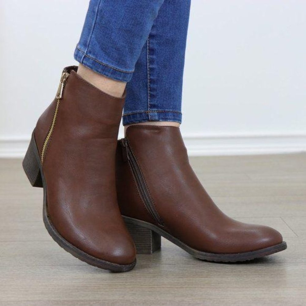 Brown Faux Leather Ankle Boots W/ Gold Zipper Block Heel - Picture 5 of 8